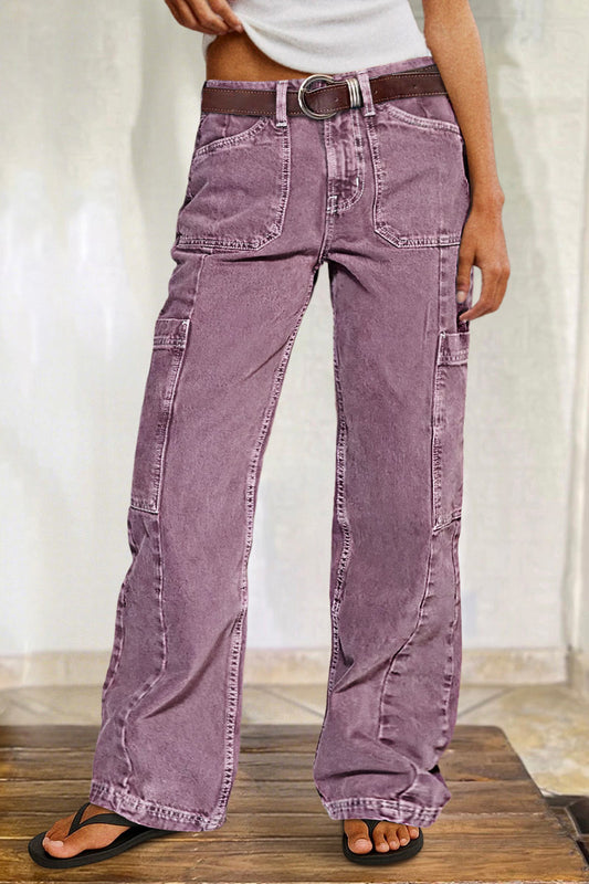 📦📦New Arrivals🔥Stitch Detail Mid Waist Straight Leg Cargo Pants Without Belt