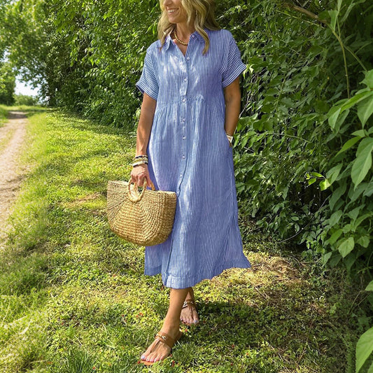 Striped Lapel Button Down Shirt Dress With Functional Pockets