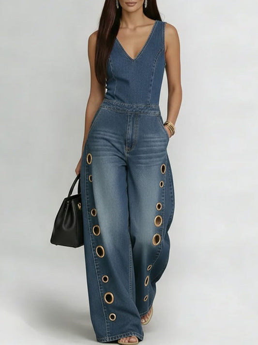📦📦LAST DAY SAVE 49% ⏰Women's V-neck Sleeveless Casual Loose Denim Wide-leg Jumpsuit