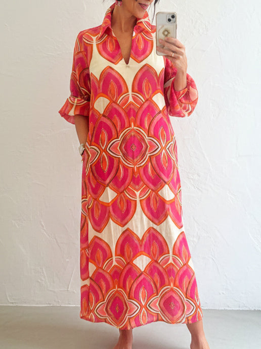 📦📦LAST DAY SAVE 49% ⏰Retro Stand-up Collar Floral Print Loose Linen Cotton Dress