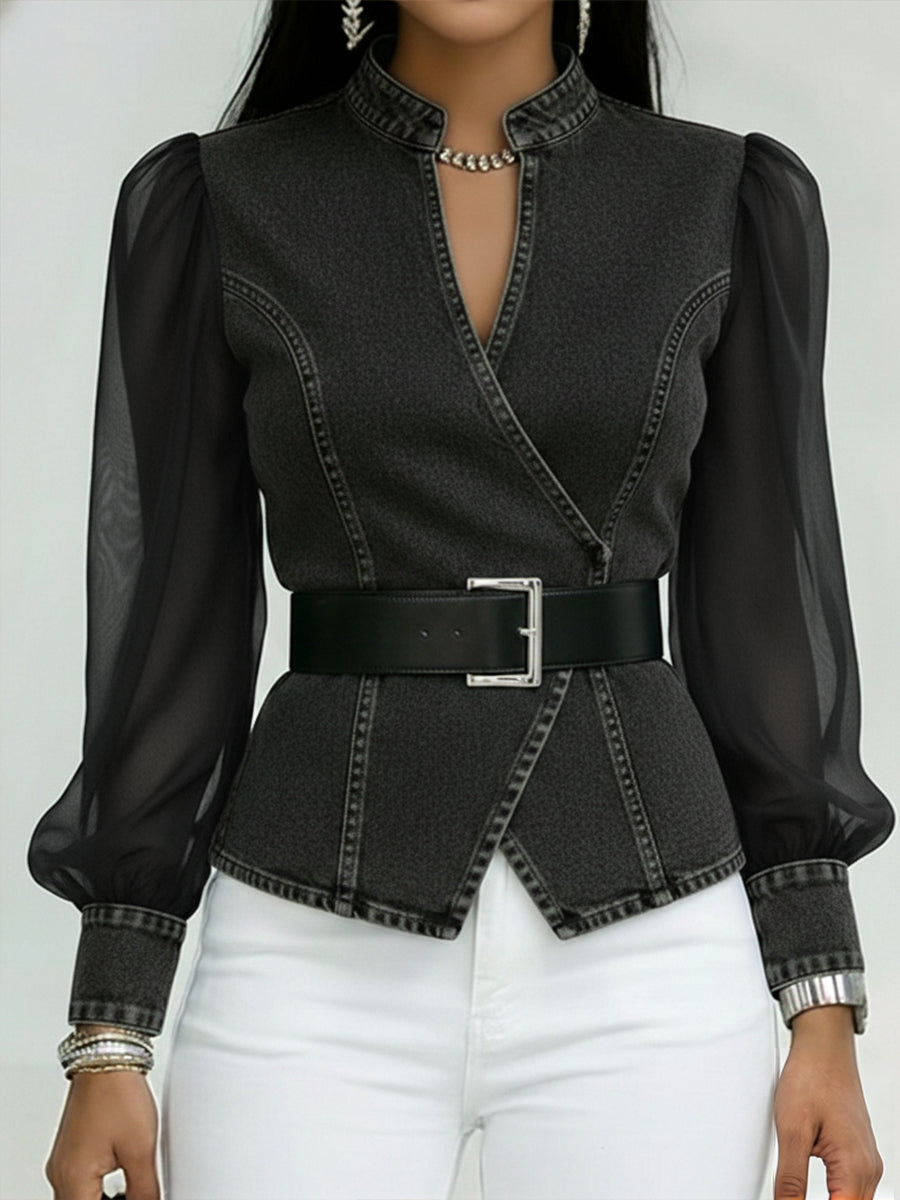 📦📦LAST DAY SAVE 49% ⏰Elegant, Slim-fitting Denim Top With Organza Sleeves.