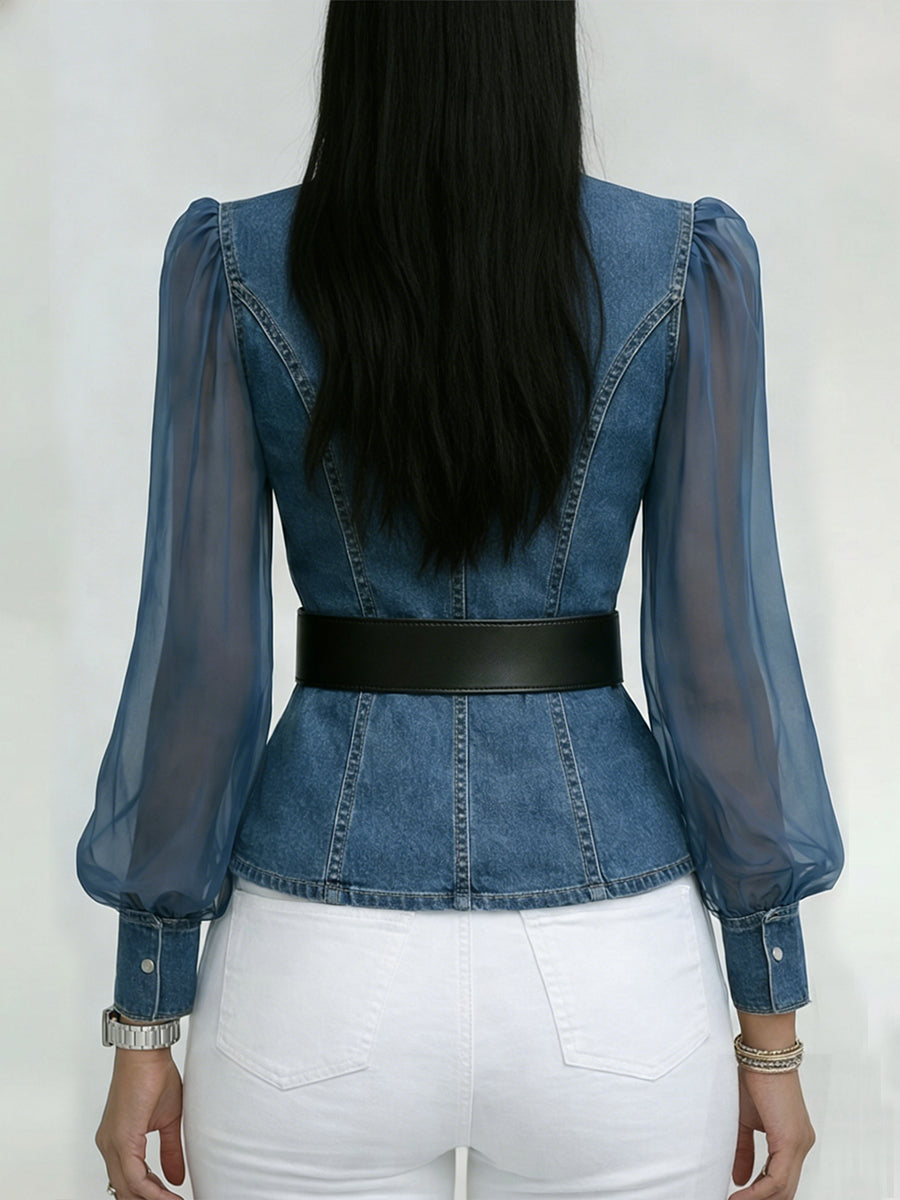 📦📦LAST DAY SAVE 49% ⏰Elegant, Slim-fitting Denim Top With Organza Sleeves.