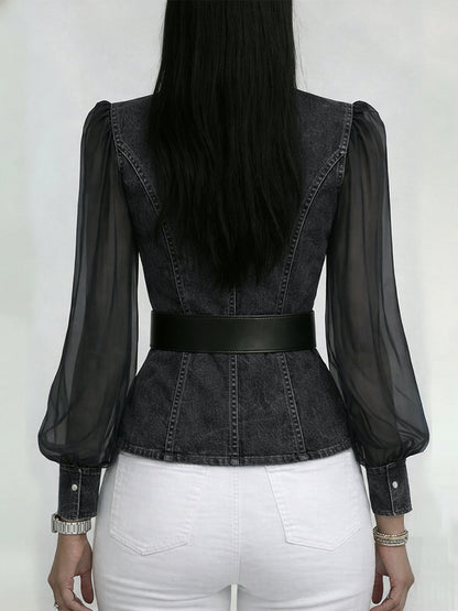 📦📦LAST DAY SAVE 49% ⏰Elegant, Slim-fitting Denim Top With Organza Sleeves.