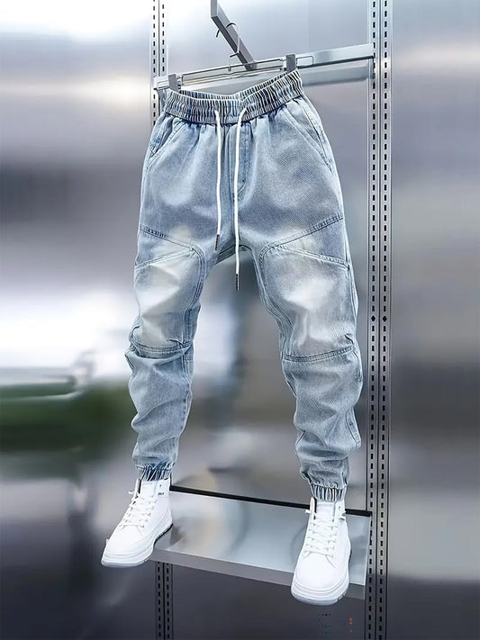 Trendy Men's Patchwork Denim Elastic Waist Jogger Harem Pants